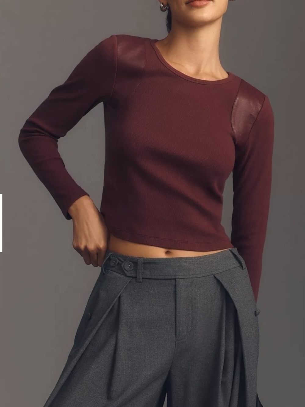 Women's Long Sleeve Crewneck Crop Top in Burgundy